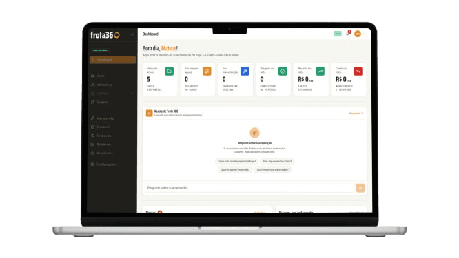 Dashboard do Frota360 mostrando painel de gestão de frota, veículos ativos e assistente de IA